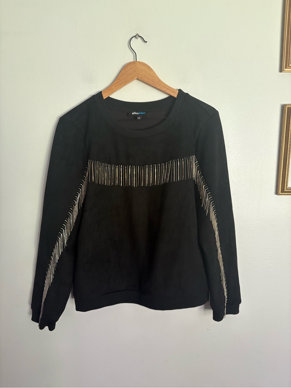 Alice Blue Black Fringe-Trim Rhinestone Pullover Sweater Suede Womens XL NWOT